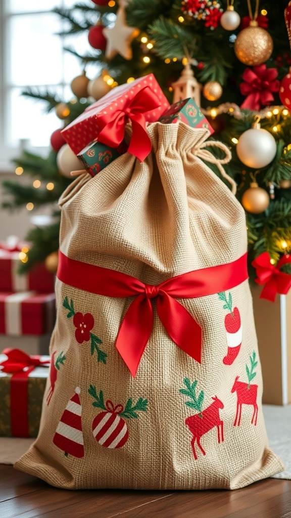 A burlap Christmas gift sack with red ribbon and gifts under a Christmas tree.